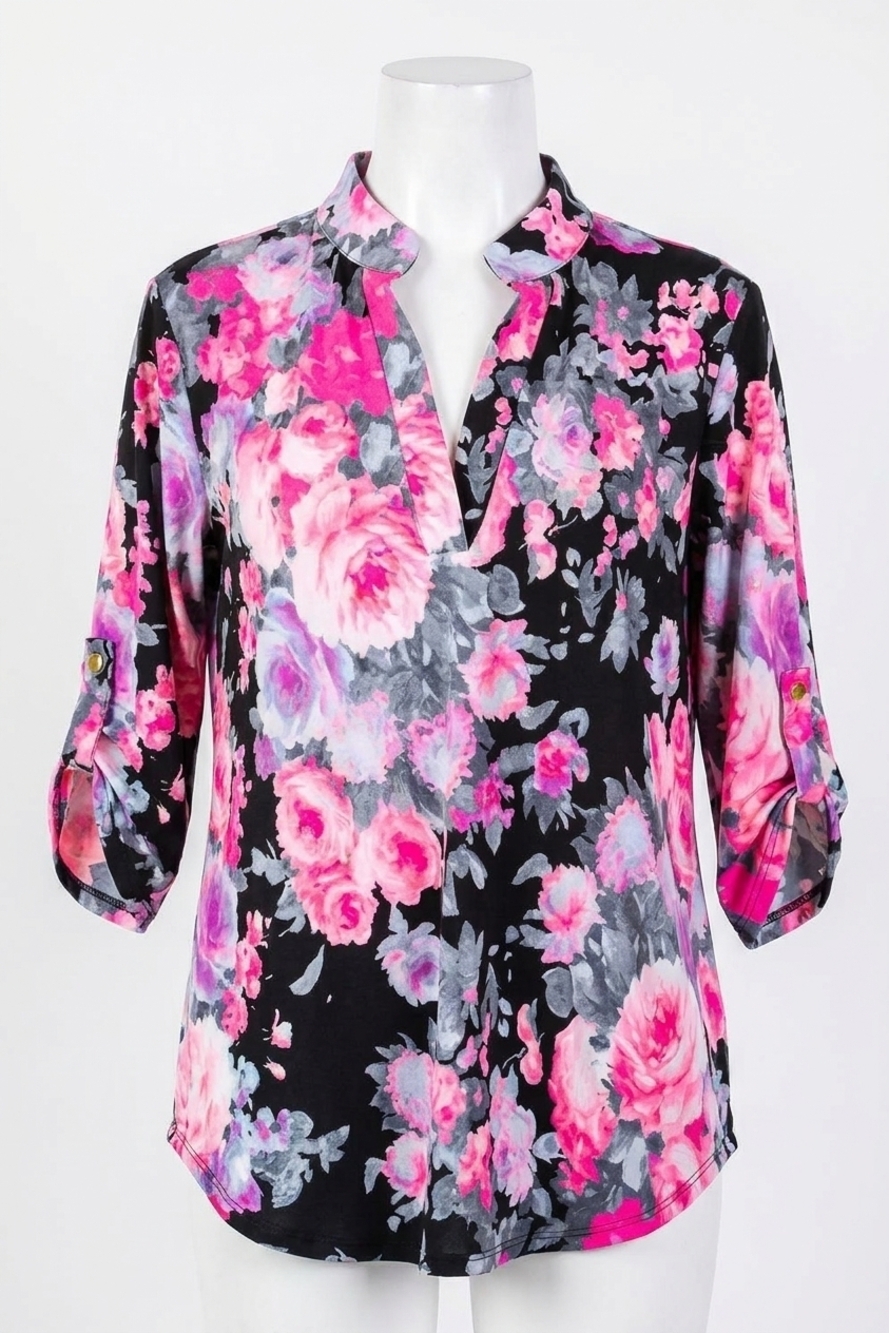 NEW HEIMISH USA mandarin collar floral top in black/neon
